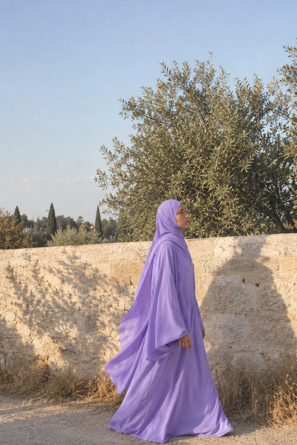Femme en voile mousseline lilas marchant le long d'un mur de pierre