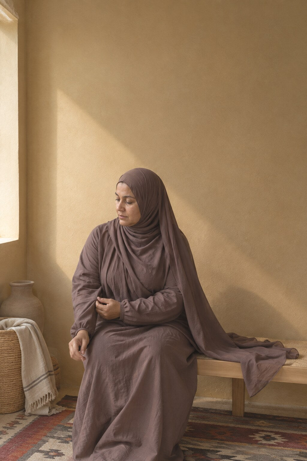 Femme assise sur un banc, le foulard mousseline long tombant jusqu'au banc